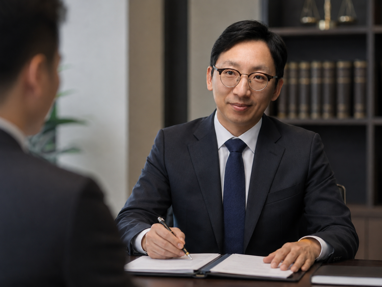 강영상 대표변호사가 의뢰인의 이야기를 듣고 상담 자료를 검토하는 모습
