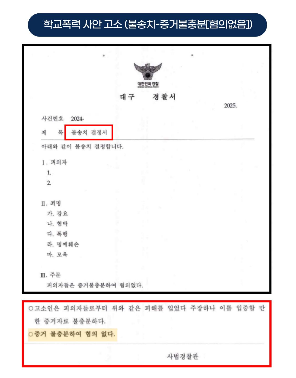 개인정보를 가린 학교폭력 관련 불송치 결정서 이미지