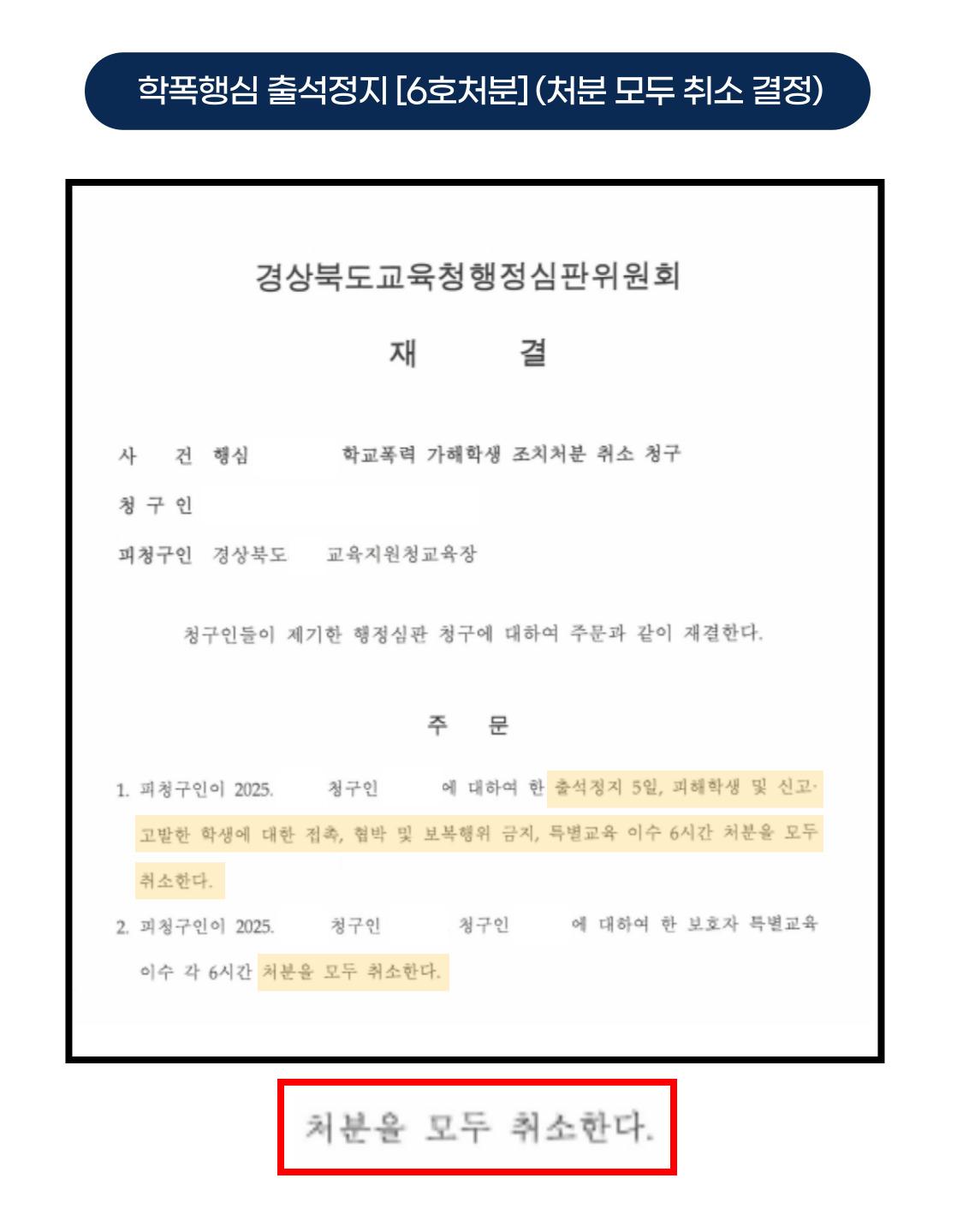 개인정보를 가린 학교폭력 6호 조치 취소 재결서 이미지